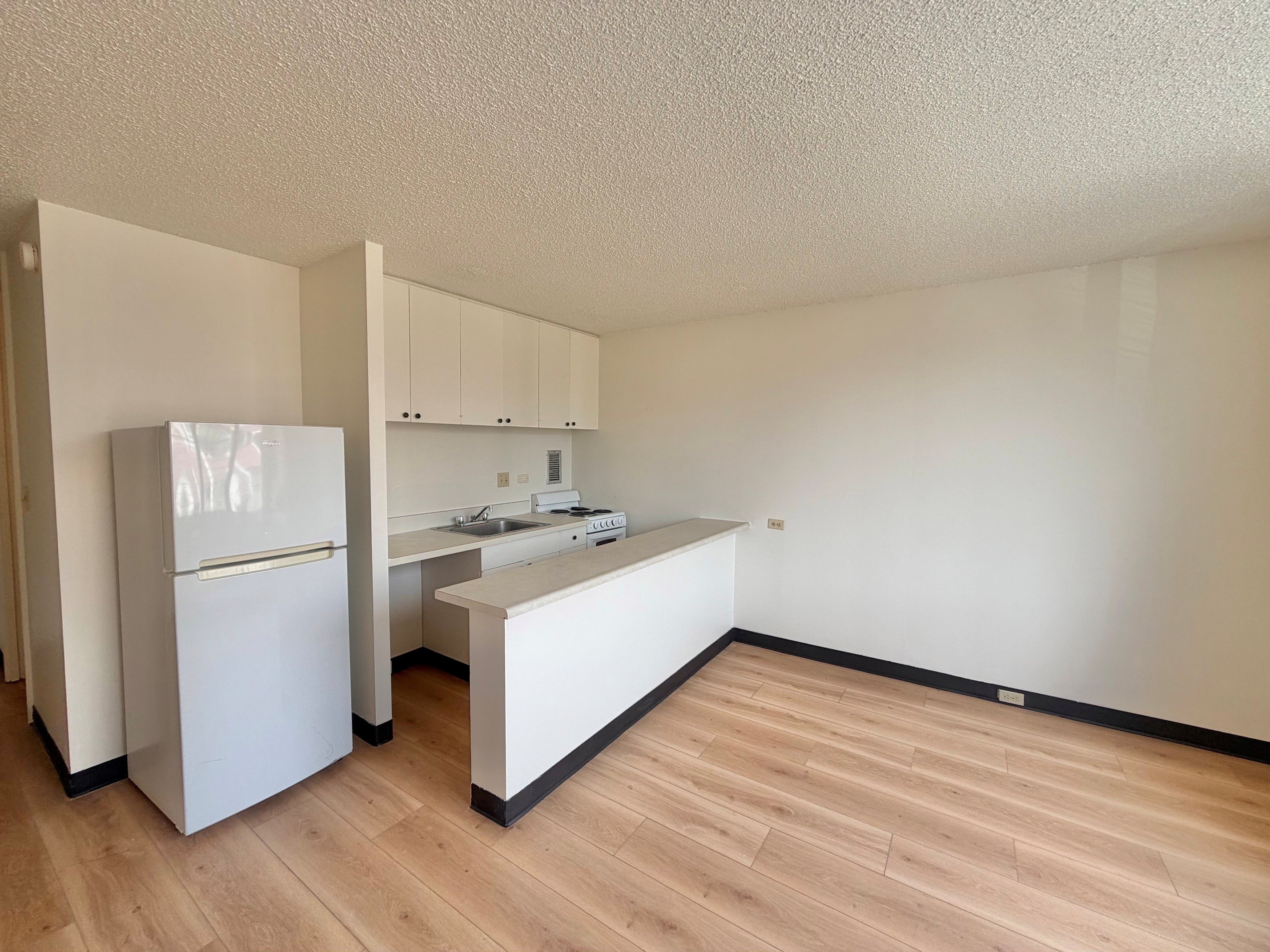 A kitchen with a white fridge and a white counter.